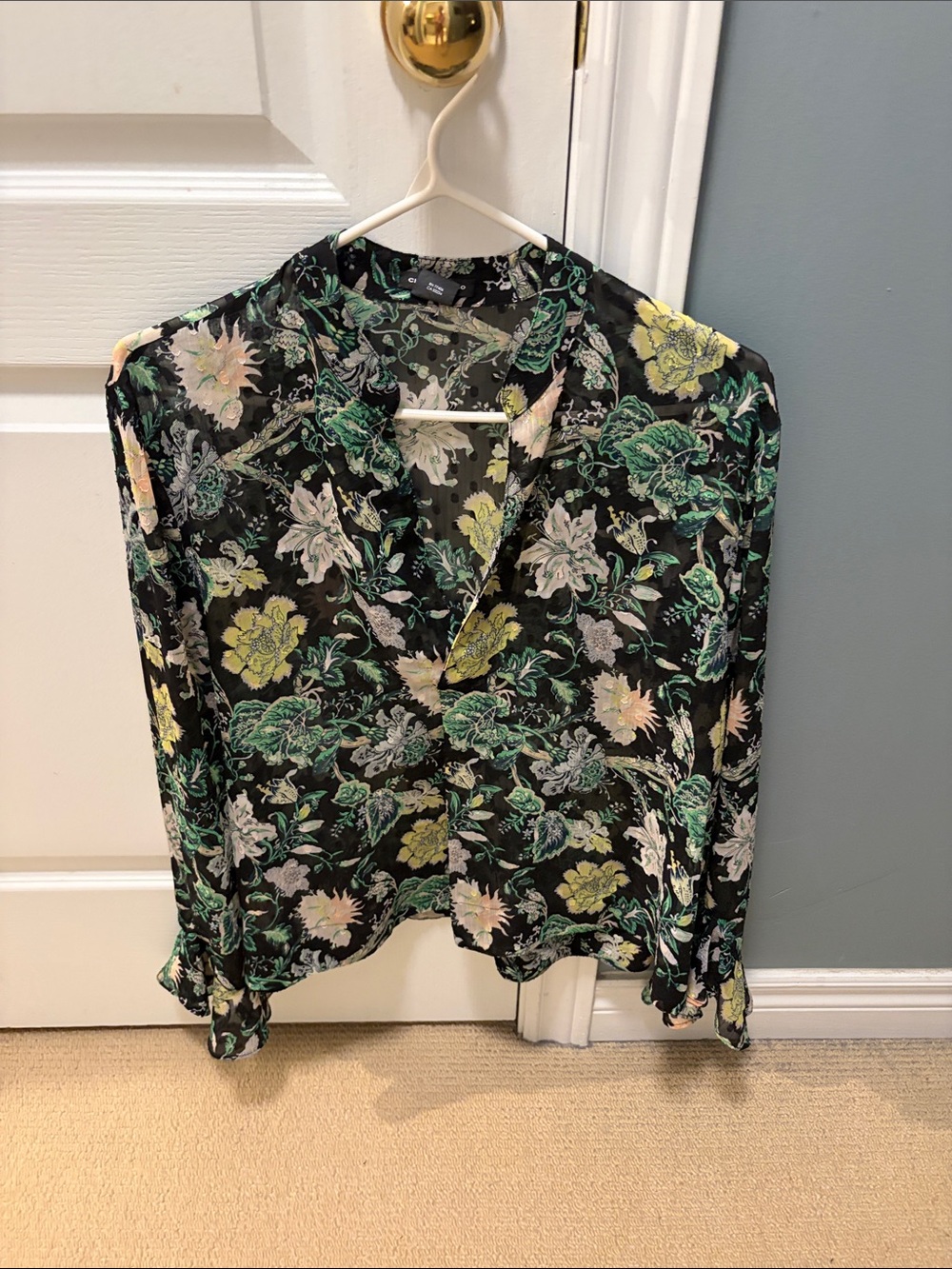 Club Monaco Black Floral V-Neck Blouse with Green and Yellow Print